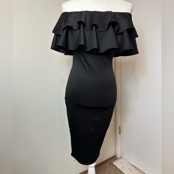 BOOHOO Black Off the Shoulder Double Ruffle Bodycon Midi Dress EUC - Picture 2 of 8